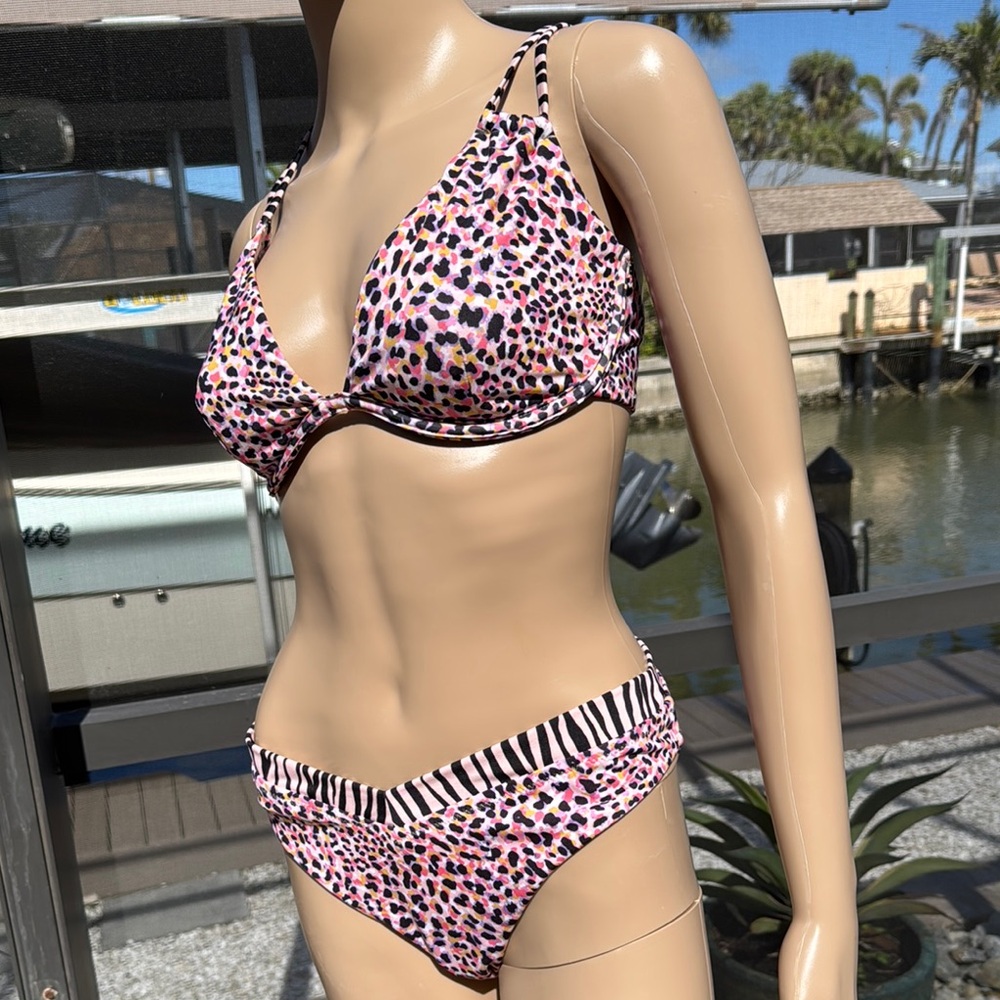Pink and Black Leopard Print Bikini with Triangle Top